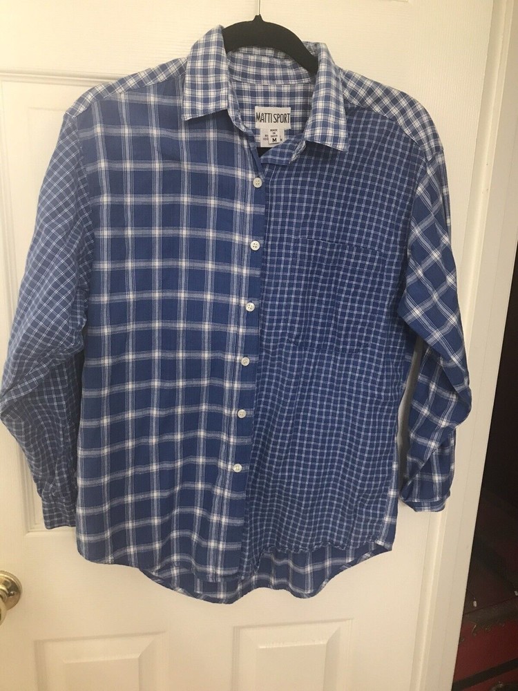 Matti Sport Women's Size M Button Down Long Sleeve Shirt Plaid Blue & White